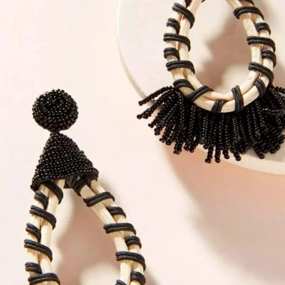 Anthropologie Larsa Black Beaded Tassel Drop Earrings - Picture 4 of 7